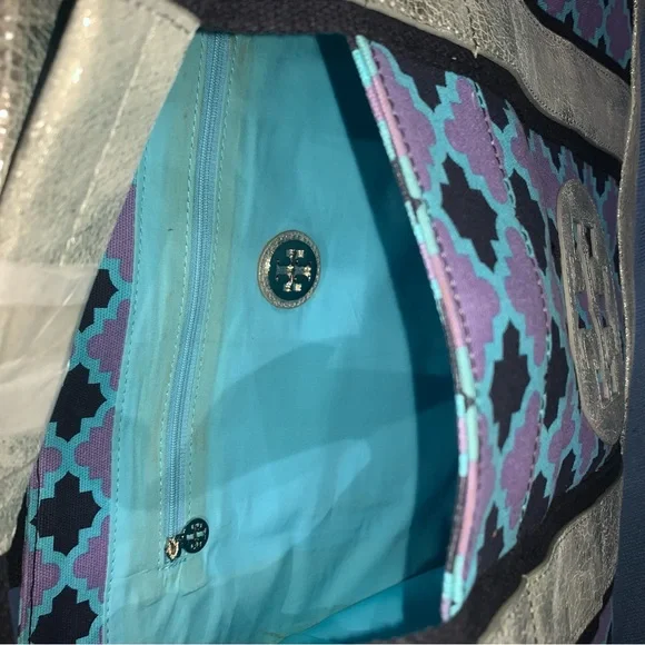 Tory Burch Geometric Print Metallic Panels Women's Purple Shoulder Tote Bag